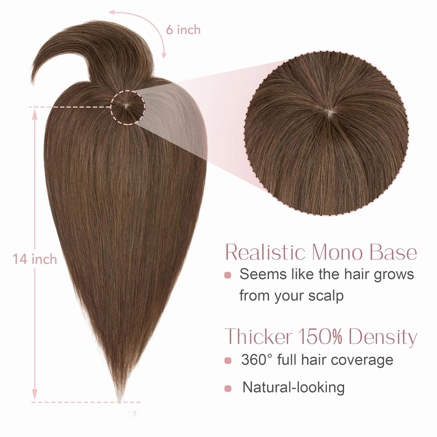 SEGO Hair Toppers for Women With Bangs - Real Human Hair, Mono Base, 14 Inch Clip In Wiglets for Thinning Hair - 4Y Medium Neutral Brown