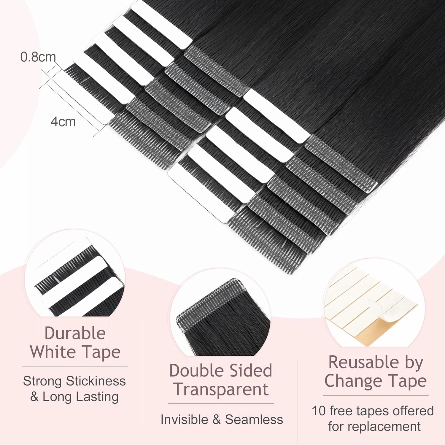 SEGO Tape In Hair Extensions Human Hair Jet Black 20 Inch New Upgrade Pro Remy Hair Longer Lifespan Double Weft Invisible Tape Ins Hair Halloween Gifts for Women Girls 50g/pack