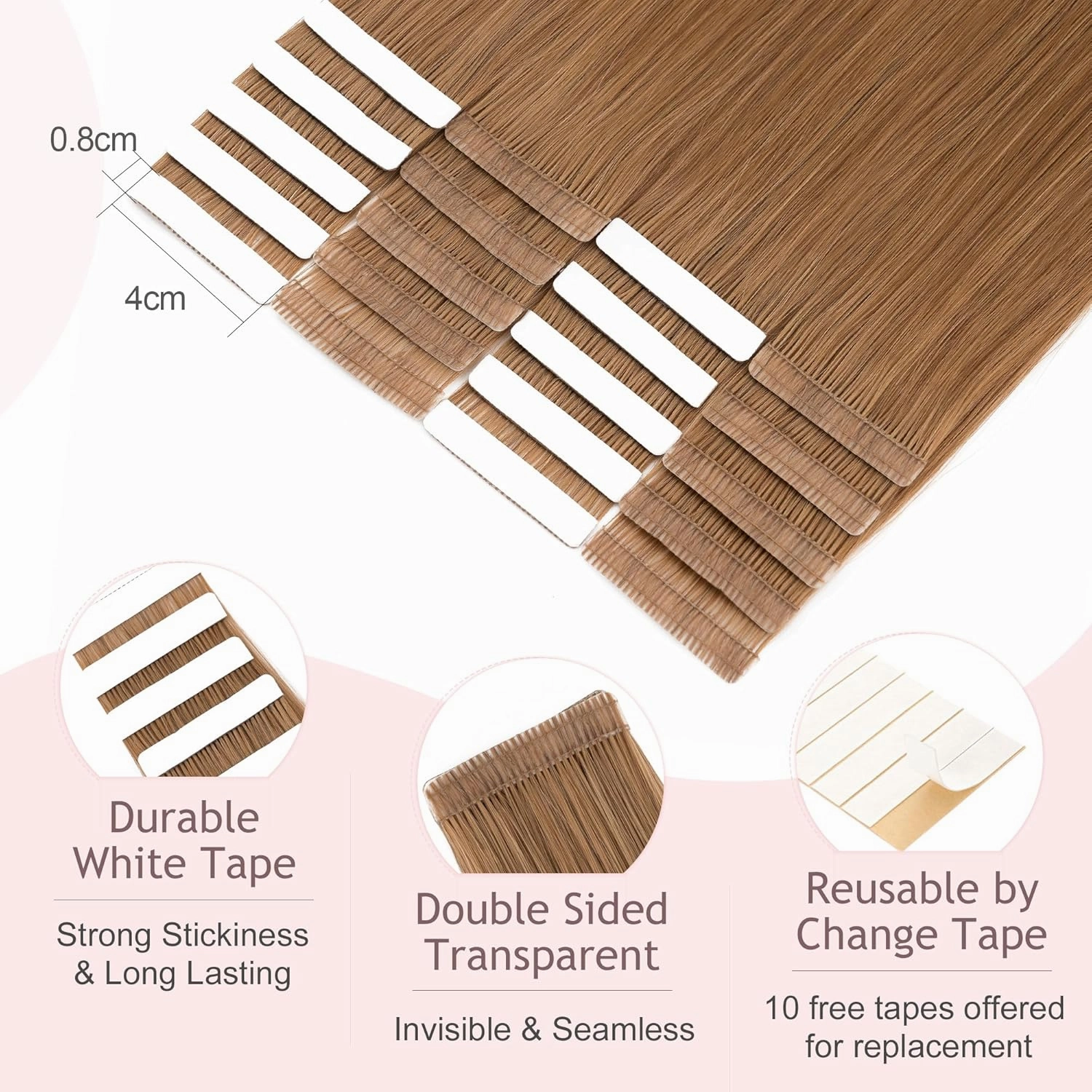 SEGO Tape In Hair Extensions Human Hair Light Brown 20 Inch New Upgrade Pro Remy Hair Longer Lifespan Double Weft Invisible Tape Ins Hair Halloween Gifts for Women Girls 50g/pack