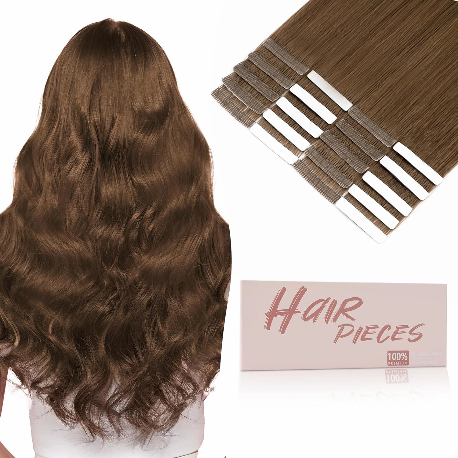SEGO Tape In Hair Extensions Human Hair Medium Neutral Brown 20 Inch New Upgrade Pro Remy Hair Longer Lifespan Double Weft Invisible Tape Ins Hair Halloween Gifts for Women Girls 50g/pack