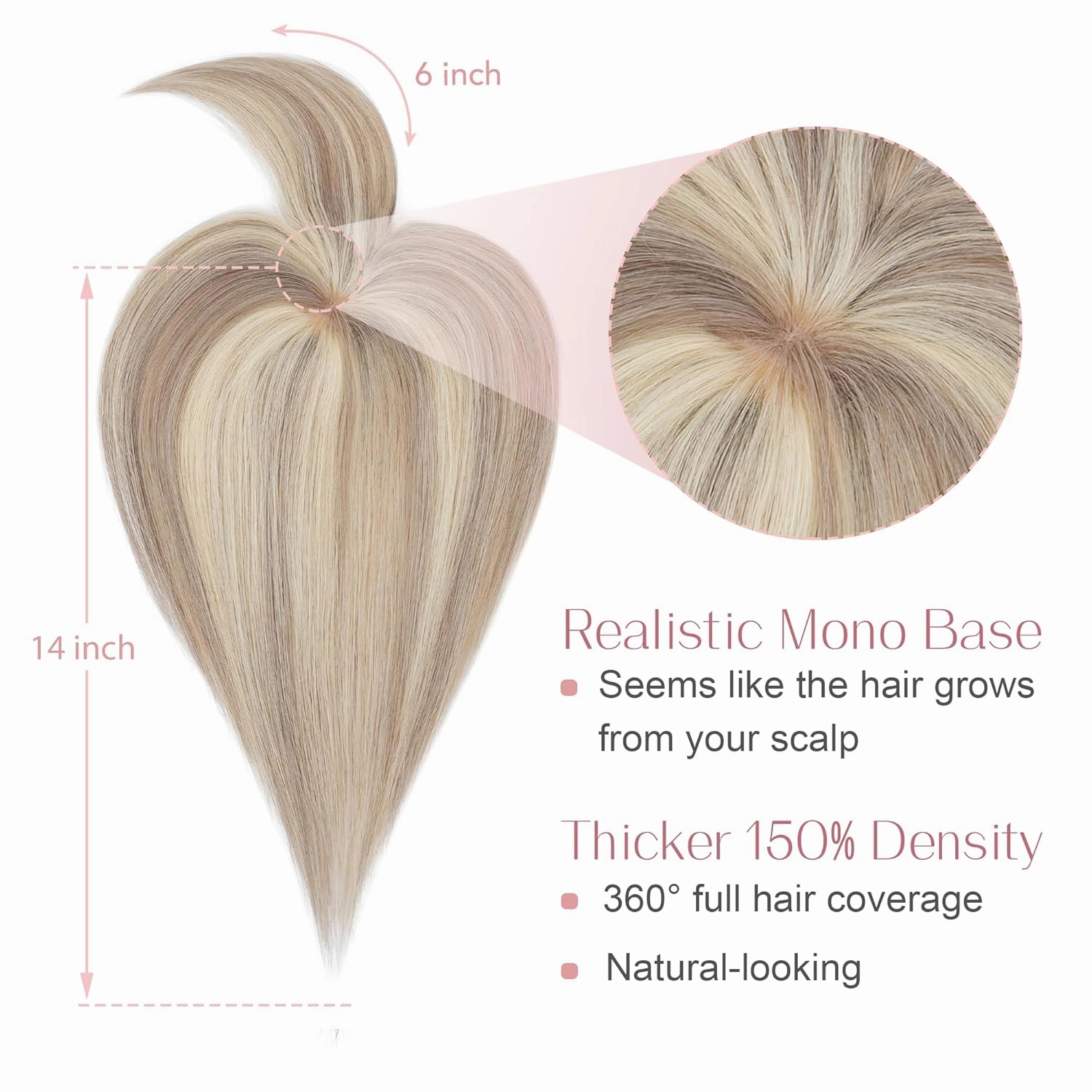 SEGO Toppers for Women Real Human Hair with Bangs Mono Base 14 Inch Clip In Wiglets Topper Pieces for Thinning-Hair /18YP613 Ash Grey&Bleach Blonde