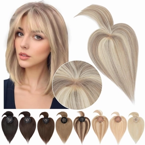 SEGO Toppers for Women Real Human Hair with Bangs Mono Base 14 Inch Clip In Wiglets Topper Pieces for Thinning-Hair /18YP613 Ash Grey&Bleach Blonde