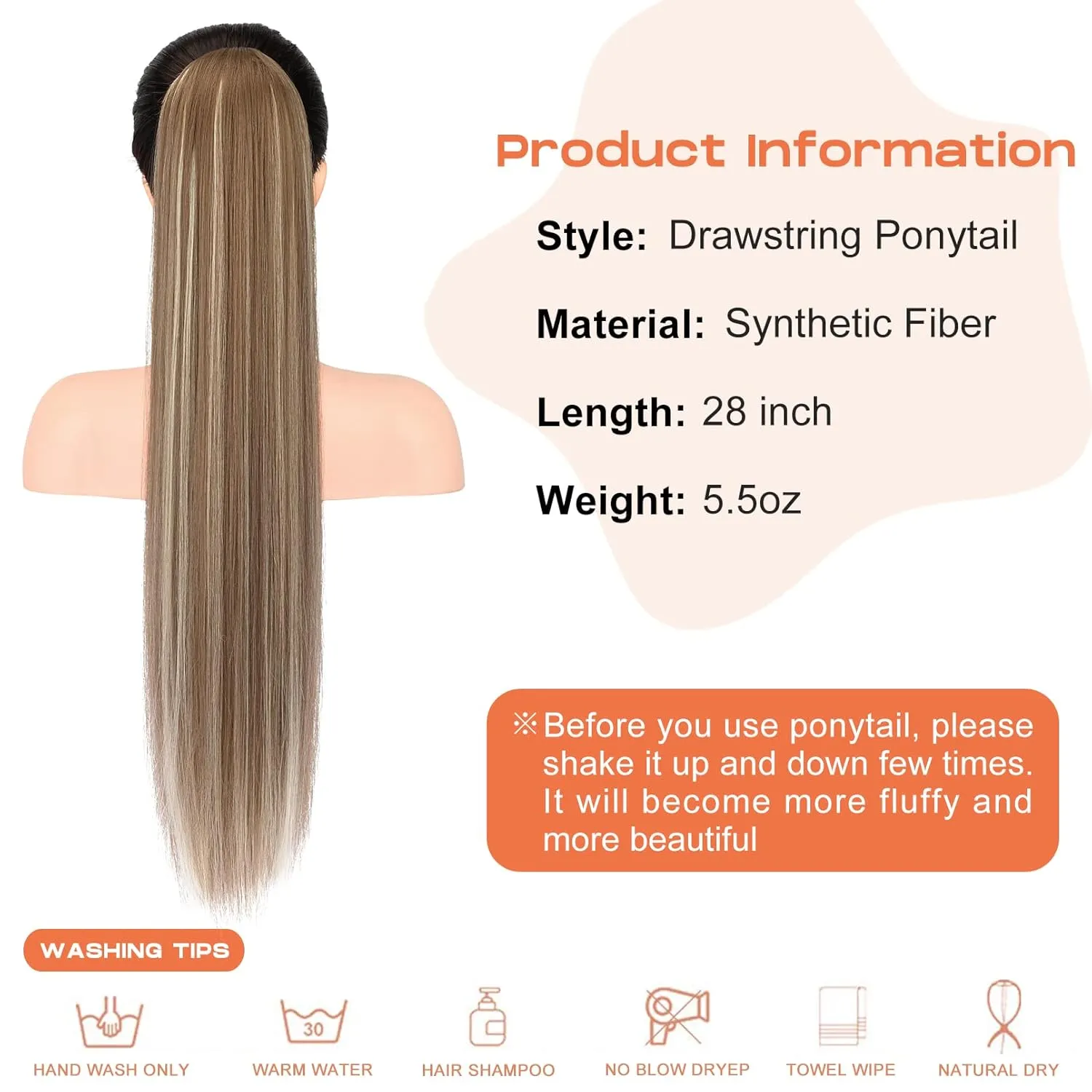 SEIKEA 28" Ponytail Extensions Drawstring Long Straight Fake Pony Tail Natural Soft Clip in Hair Extension Synthetic Heat Resistant Hairpiece - Ash Brown with Platinum Blonde Hightlights
