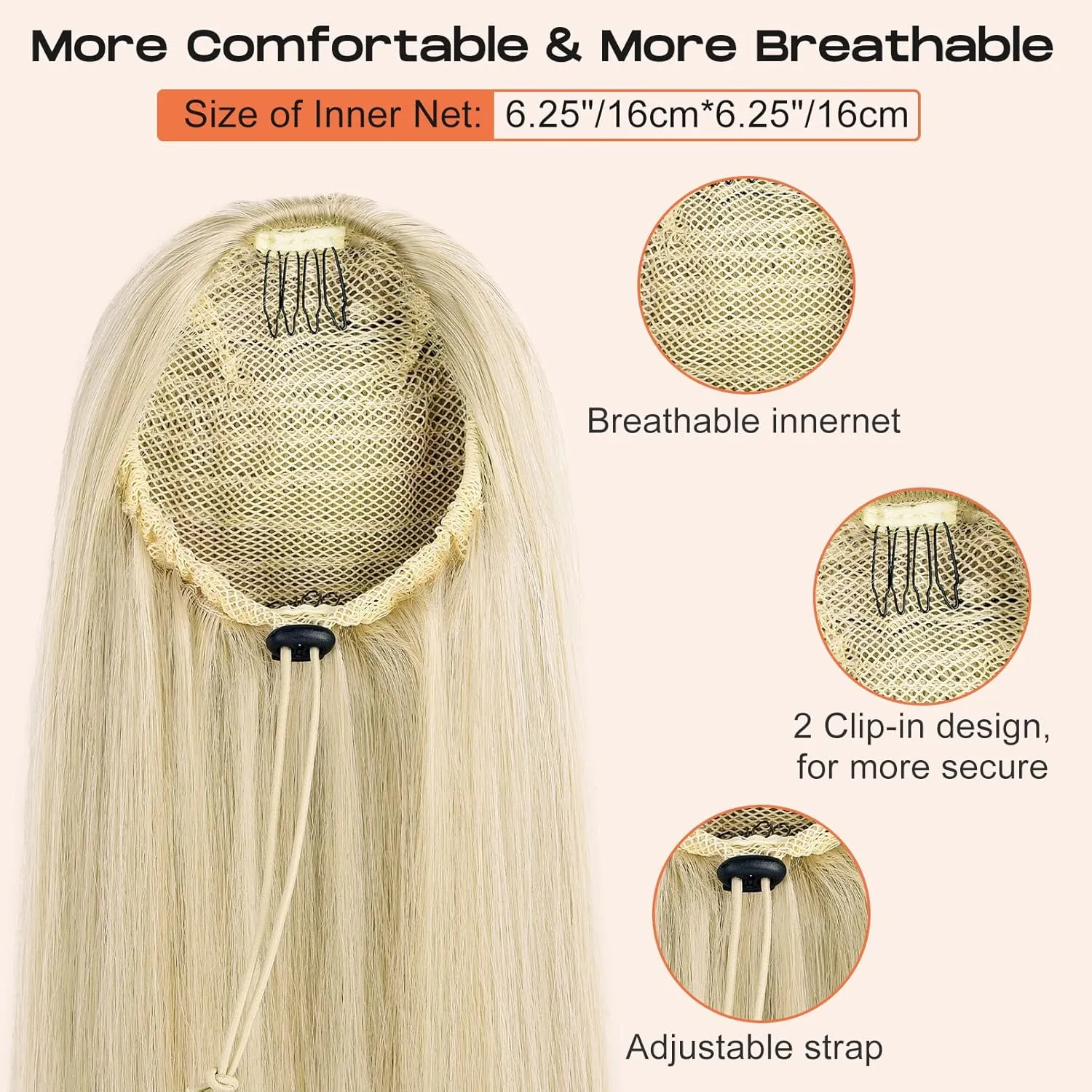 SEIKEA 28" Ponytail Extensions Drawstring Long Straight Fake Pony Tail Natural Soft Clip in Hair Extension Synthetic Heat Resistant Hairpiece - Ash Brown with Platinum Blonde Hightlights