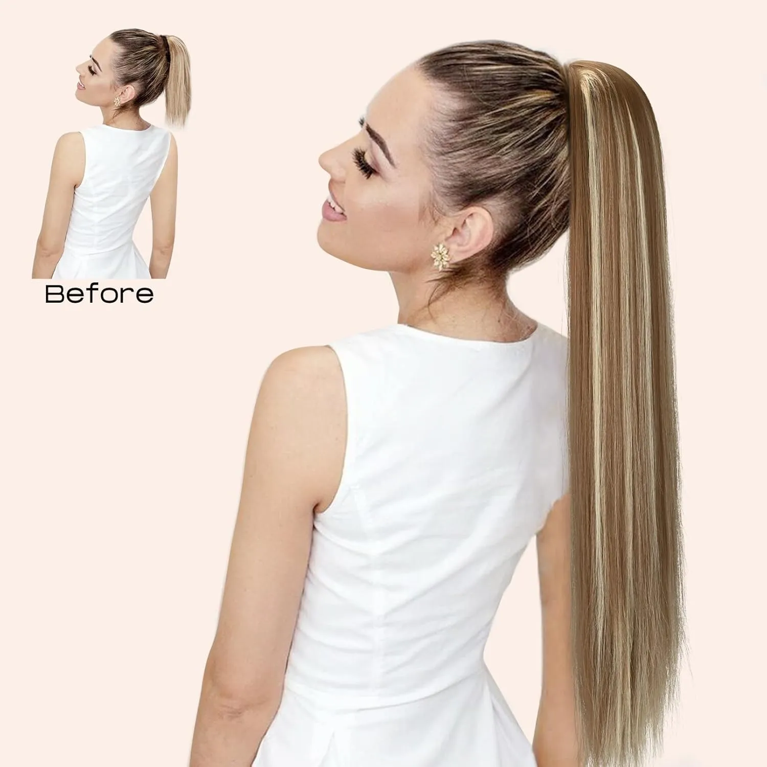 SEIKEA 28" Ponytail Extensions Drawstring Long Straight Fake Pony Tail Natural Soft Clip in Hair Extension Synthetic Heat Resistant Hairpiece - Ash Brown with Platinum Blonde Hightlights