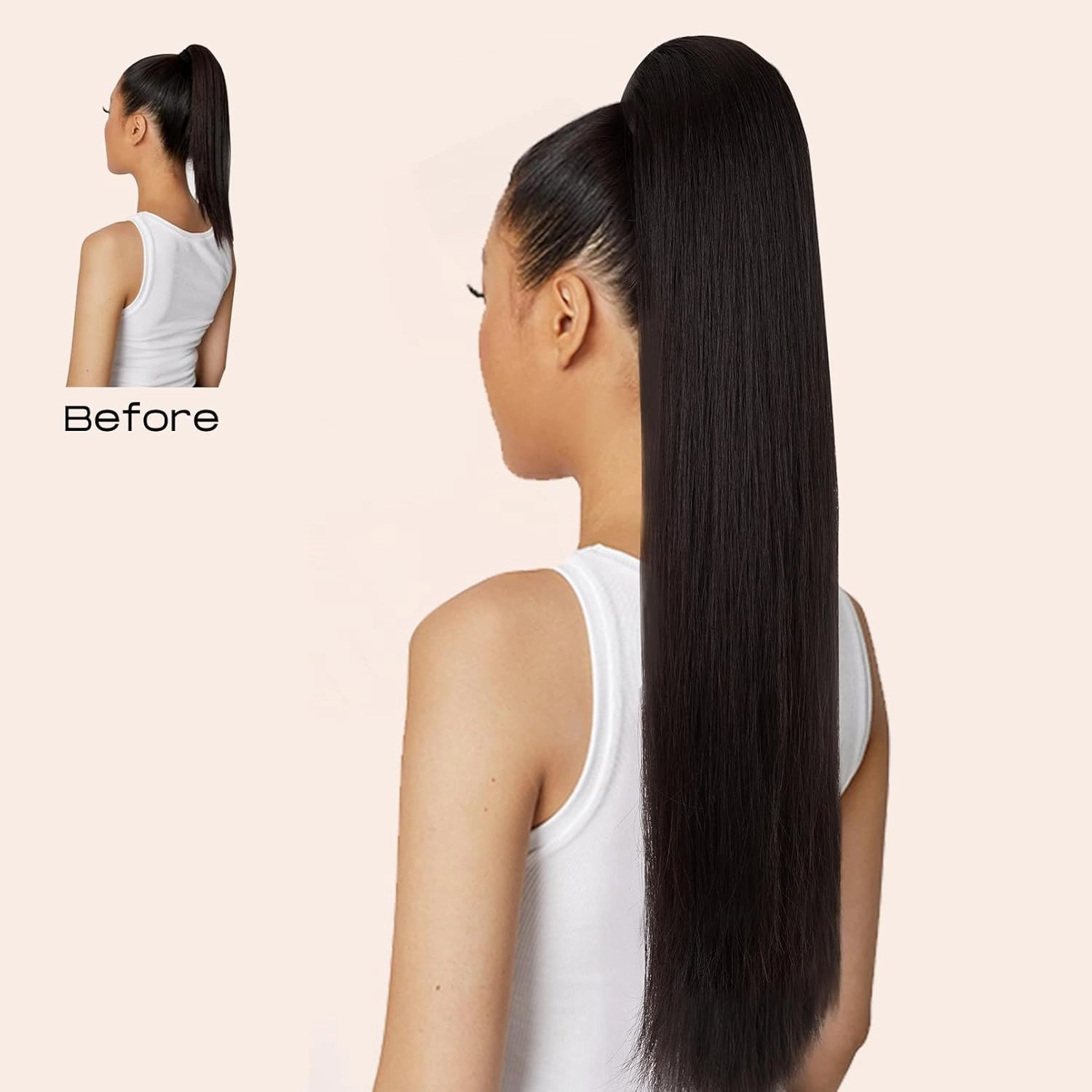 SEIKEA 28" Ponytail Extensions Drawstring Long Straight Fake Pony Tail Natural Soft Clip in Hair Extension Synthetic Heat Resistant Hairpiece - Black Brown