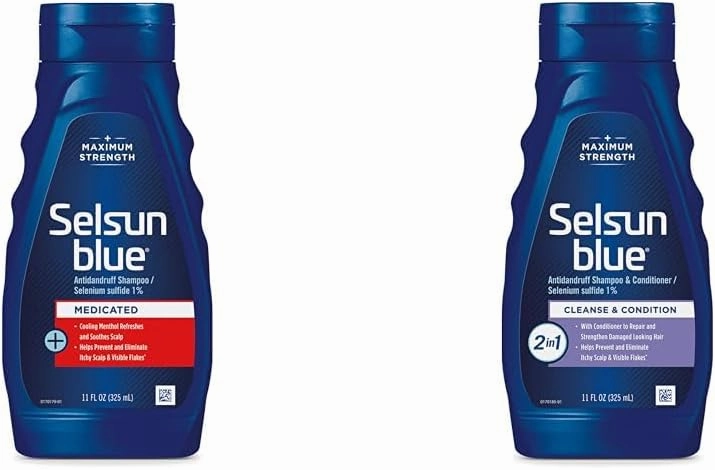 Selsun Blue Medicated Anti-dandruff Shampoo with Menthol, 11 fl. oz., Maximum Strength, Provides Cooling Soothing Sensation, Repairs & Strengthens Damaged Hair.