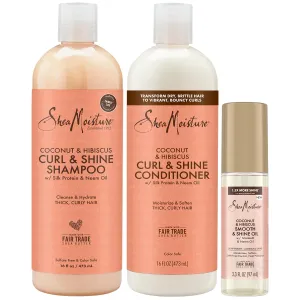 Shea Moisture Shampoo & Conditioner Set   Smooth & Shine Oil Gift Set – Coconut & Hibiscus Curl & Shine, Anti-Frizz Products for Curly Hair (3 Piece Set)