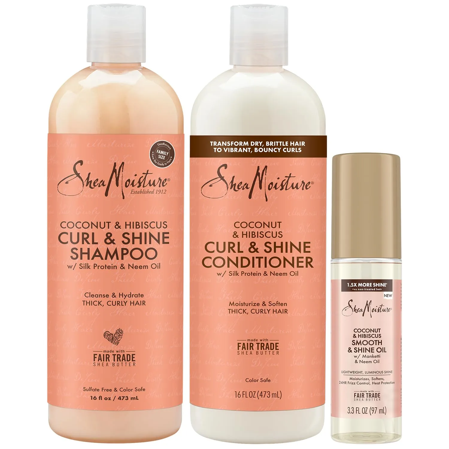 Shea Moisture Shampoo & Conditioner Set   Smooth & Shine Oil Gift Set – Coconut & Hibiscus Curl & Shine, Anti-Frizz Products for Curly Hair (3 Piece Set)
