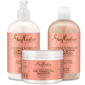 SheaMoisture Coconut & Hibiscus Curl & Shine Bundle – Shampoo, Conditioner   Curl Enhancing Smoothie for Curly Hair Care