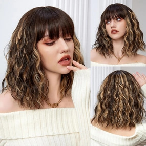Short Bob Wig Brown Mixed Blonde Wig Short Curly Wavy Wigs With Bangs for Women Bob wig Heat Resistant Synthetic Hair Wigs for Daily Use Cosplay Wig With wig Cap