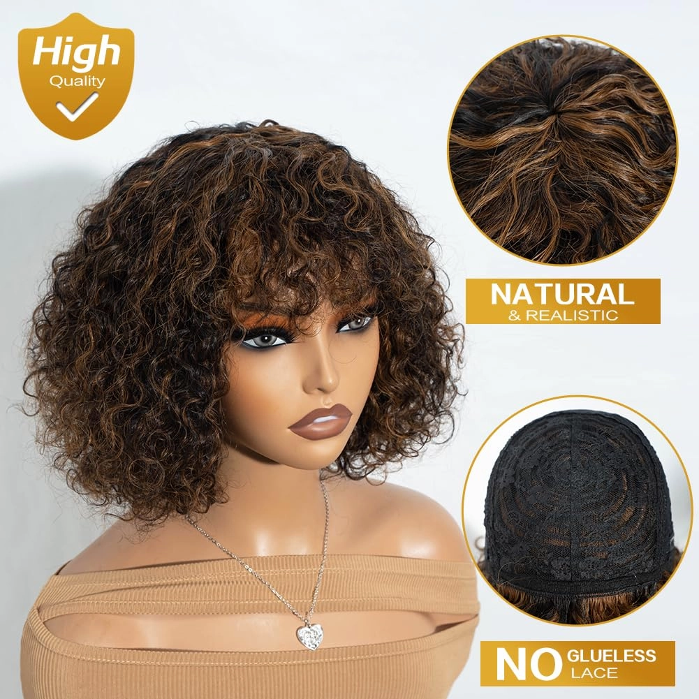 Short Curly Wig with Bangs Human Hair for Women 10 inch Black mixed Brown Short Water Wave Curly Bob Wig Glueless Wig 150% Density (P1B/30#)