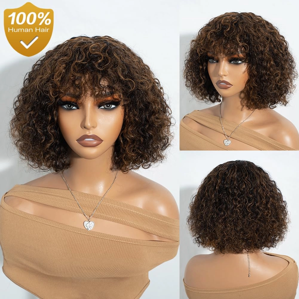 Short Curly Wig with Bangs Human Hair for Women 10 inch Black mixed Brown Short Water Wave Curly Bob Wig Glueless Wig 150% Density (P1B/30#)