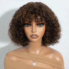 Short Curly Wig with Bangs Human Hair for Women 10 inch Black mixed Brown Short Water Wave Curly Bob Wig Glueless Wig 150% Density (P1B/30#)