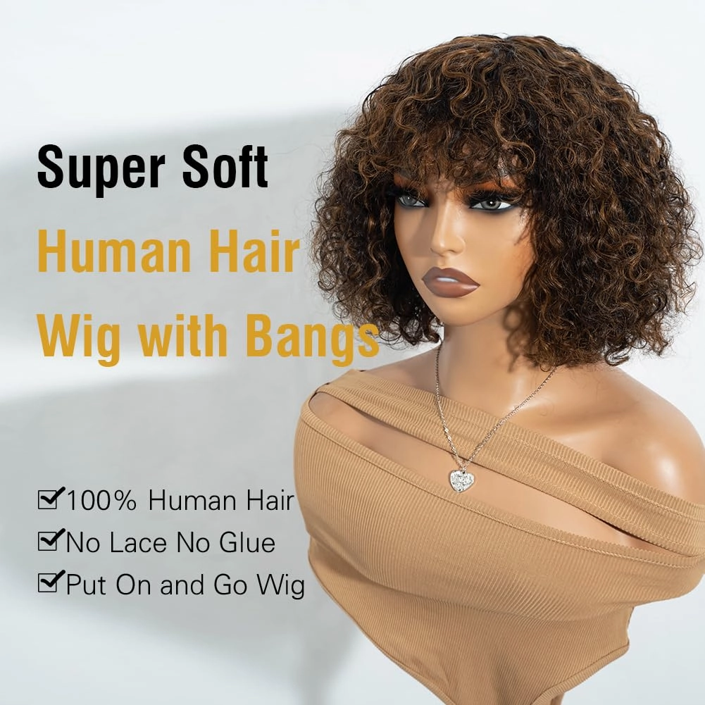 Short Curly Wig with Bangs Human Hair for Women 10 inch Black mixed Brown Short Water Wave Curly Bob Wig Glueless Wig 150% Density (P1B/30#)