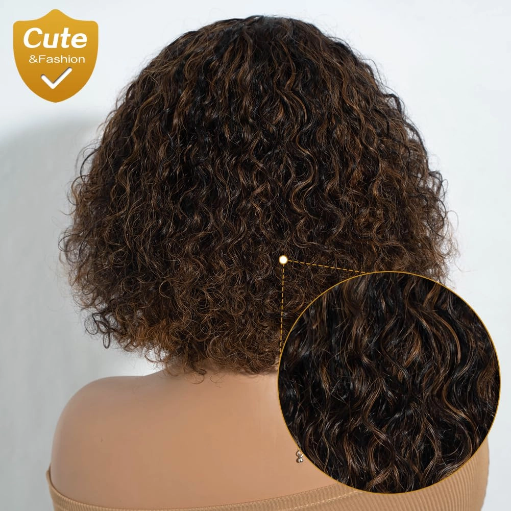 Short Curly Wig with Bangs Human Hair for Women 10 inch Black mixed Brown Short Water Wave Curly Bob Wig Glueless Wig 150% Density (P1B/30#)