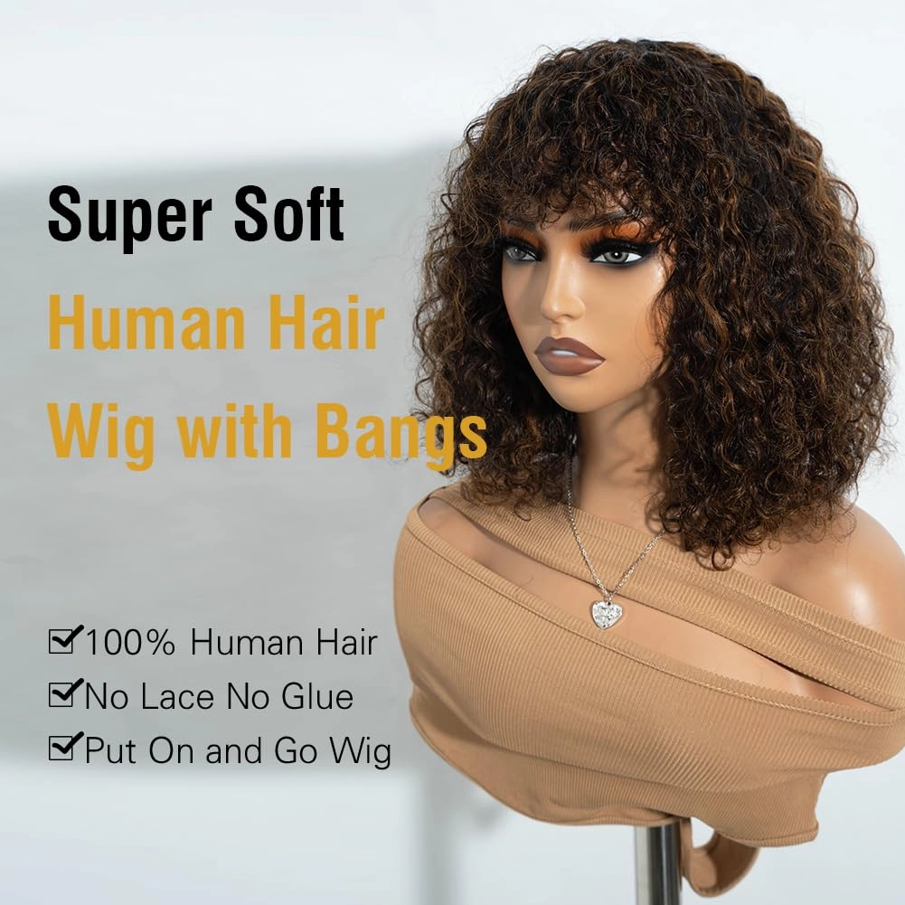 Short Curly Wig with Bangs Human Hair for Women 12 inch Black mixed Brown Short Water Wave Curly Bob Wig Glueless Wig 150% Density (P1B/30#)