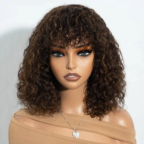 Short Curly Wig with Bangs Human Hair for Women 12 inch Black mixed Brown Short Water Wave Curly Bob Wig Glueless Wig 150% Density (P1B/30#)