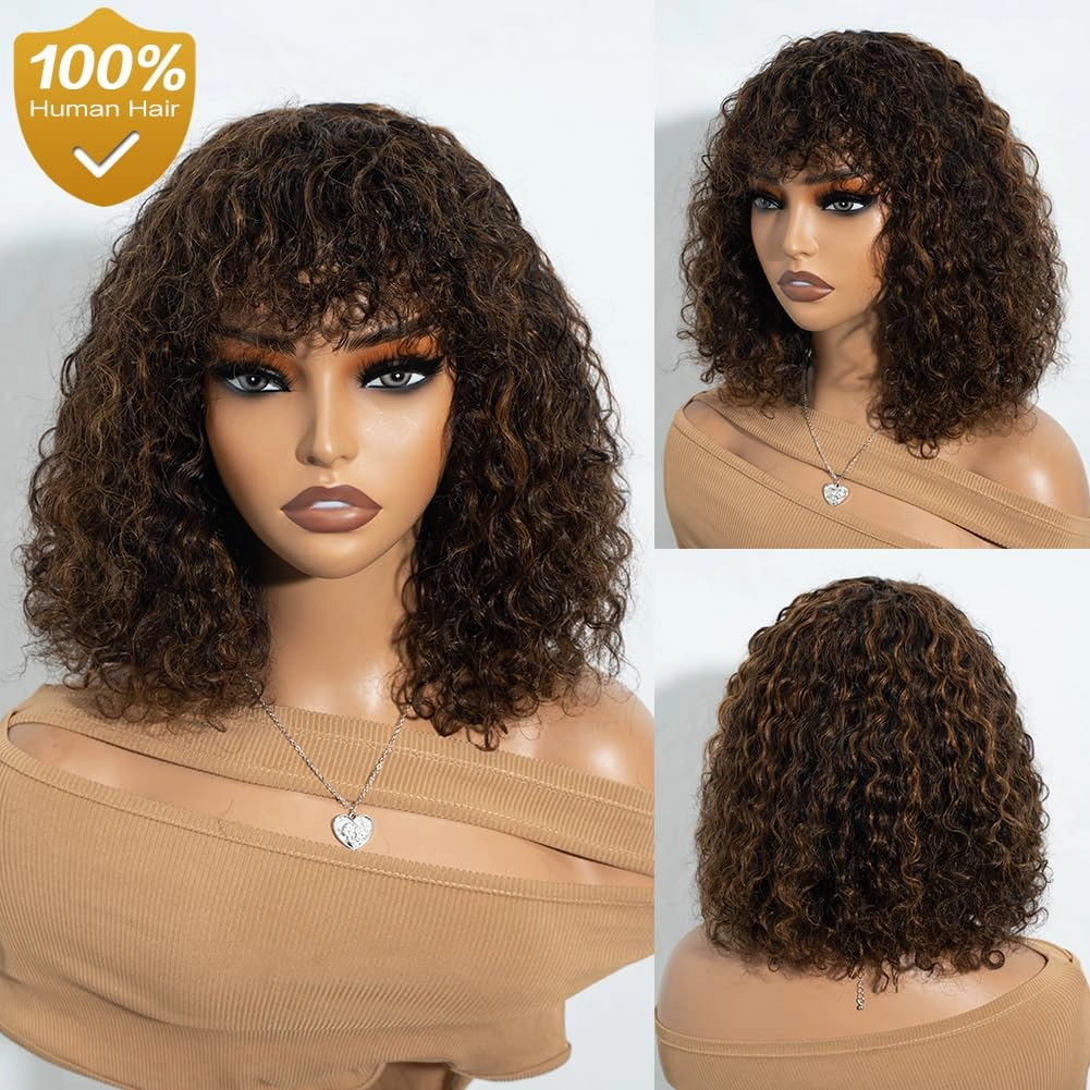 Short Curly Wig with Bangs Human Hair for Women 12 inch Black mixed Brown Short Water Wave Curly Bob Wig Glueless Wig 150% Density (P1B/30#)