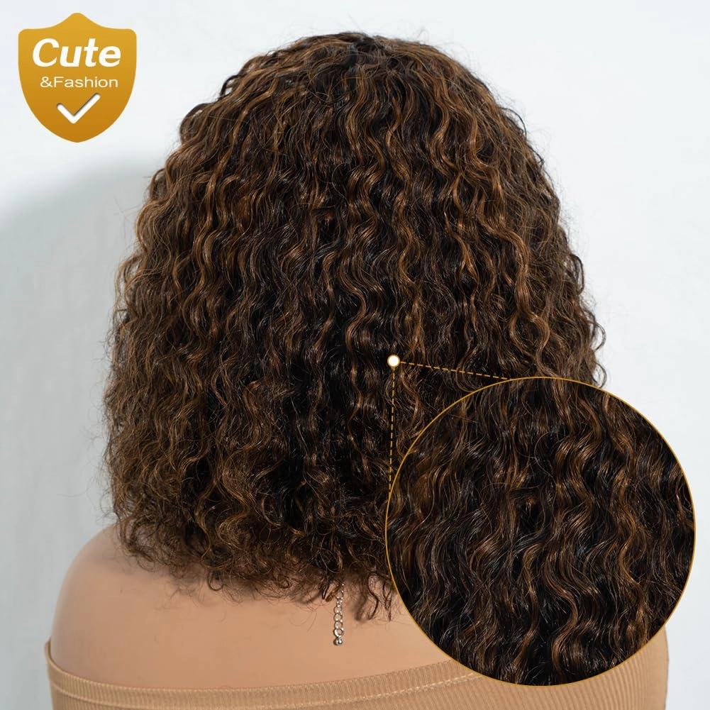 Short Curly Wig with Bangs Human Hair for Women 12 inch Black mixed Brown Short Water Wave Curly Bob Wig Glueless Wig 150% Density (P1B/30#)