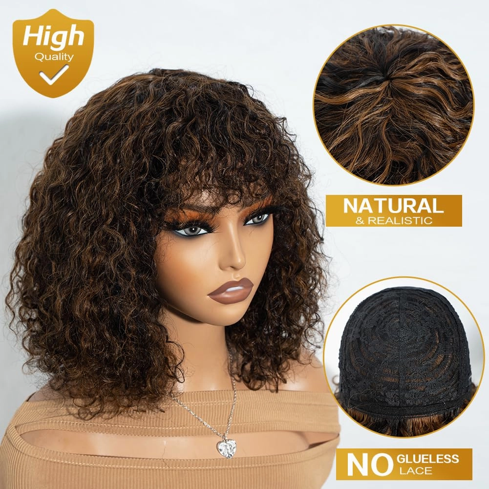 Short Curly Wig with Bangs Human Hair for Women 12 inch Black mixed Brown Short Water Wave Curly Bob Wig Glueless Wig 150% Density (P1B/30#)