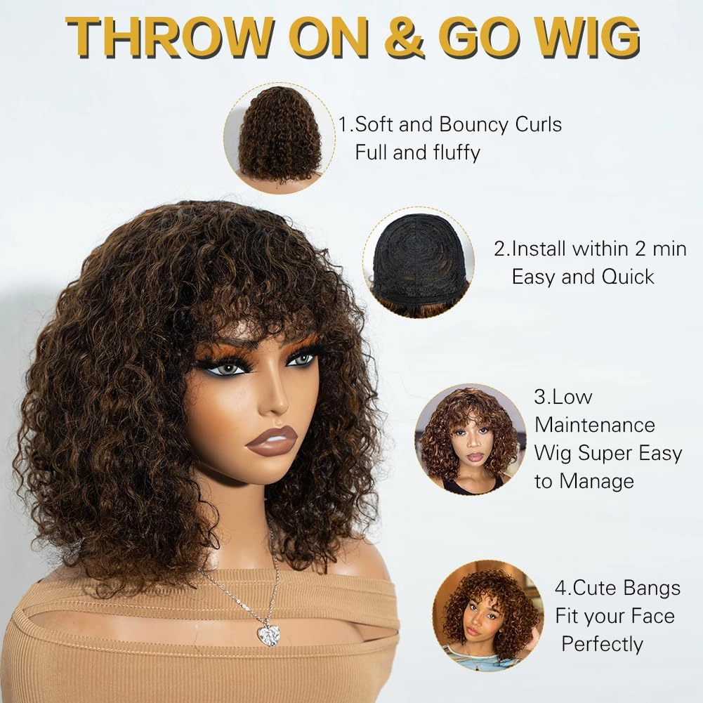 Short Curly Wig with Bangs Human Hair for Women 12 inch Black mixed Brown Short Water Wave Curly Bob Wig Glueless Wig 150% Density (P1B/30#)