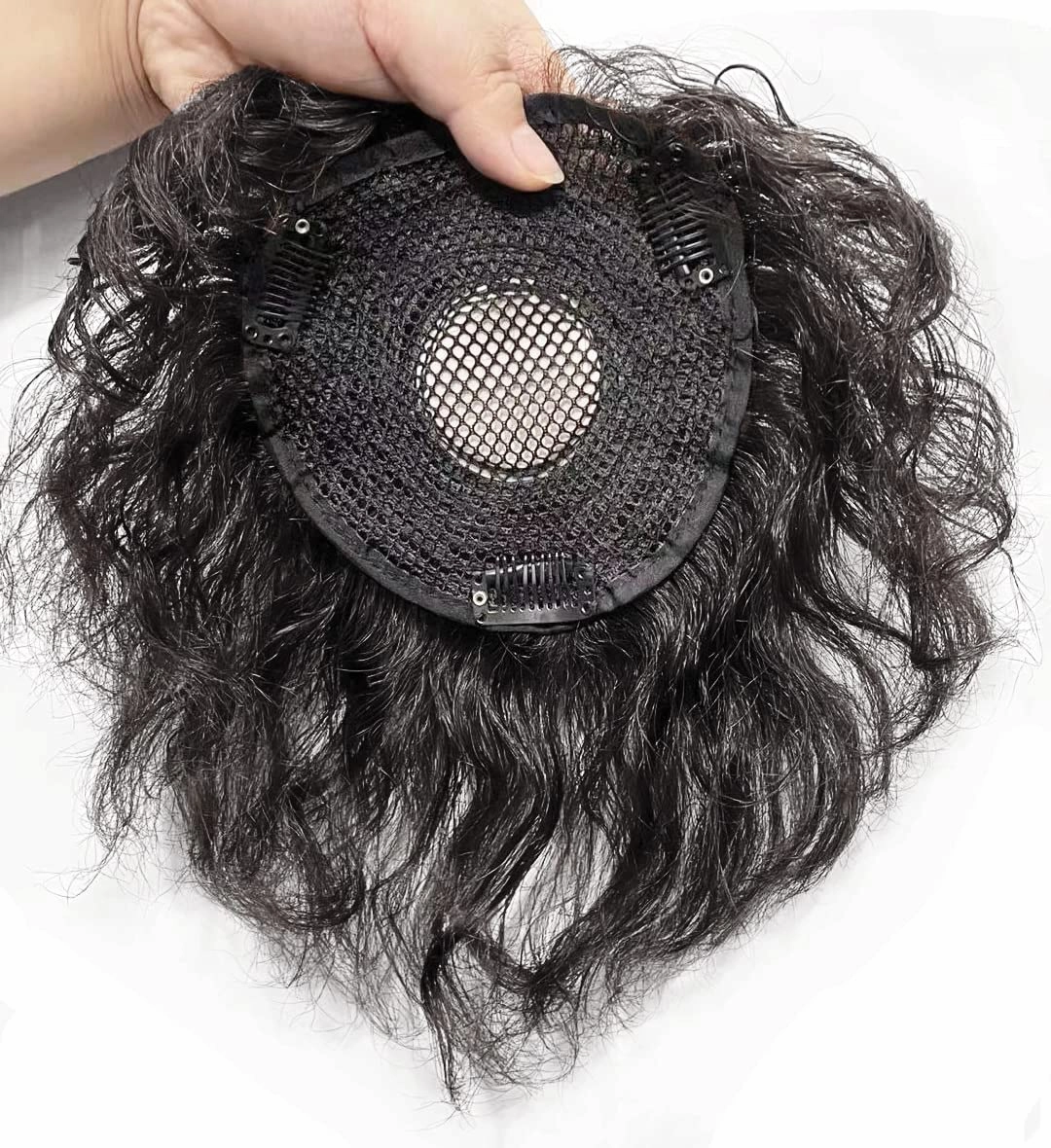 Short Wave Human Hair Toppers 7 Inch Clip in Top Hair Pieces for Women,4.7"x4.7" Silktop Base Remy Human Hair Wiglet Hairpiece for Thinning Hair 1# Jet Black