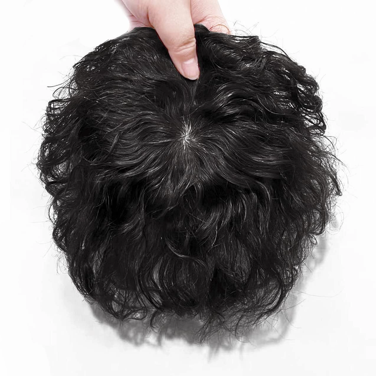 Short Wave Human Hair Toppers 7 Inch Clip in Top Hair Pieces for Women,4.7"x4.7" Silktop Base Remy Human Hair Wiglet Hairpiece for Thinning Hair 1# Jet Black