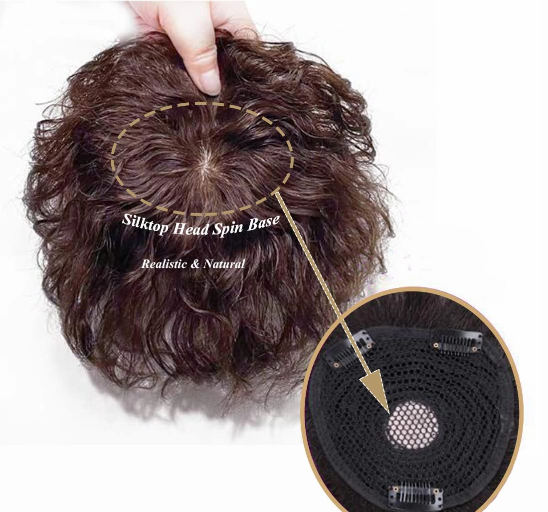 Short Wave Human Hair Toppers 7 Inch Clip in Top Hair Pieces for Women,4.7"x4.7" Silktop Base Remy Human Hair Wiglet Hairpiece for Thinning Hair 1# Jet Black