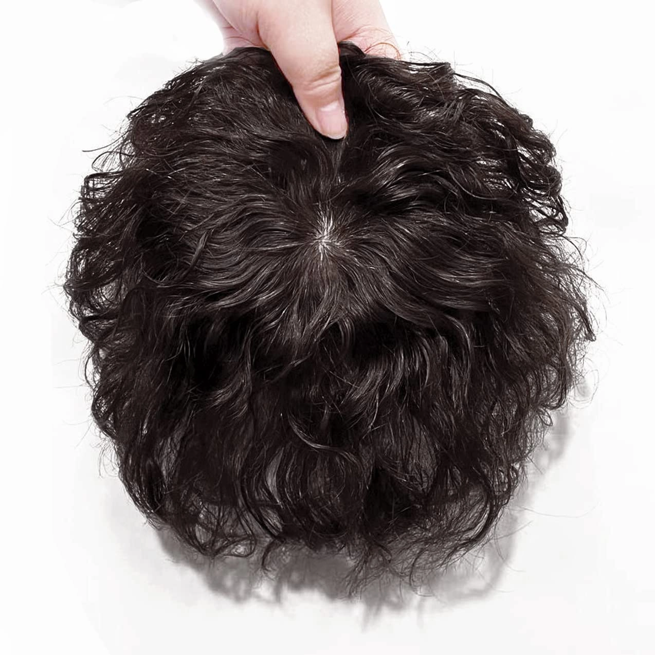 Short Wave Human Hair Toppers 7 Inch Clip in Top Hair Pieces for Women,4.7"x4.7" Silktop Base Remy Human Hair Wiglet Hairpiece for Thinning Hair 1B# Black Brown