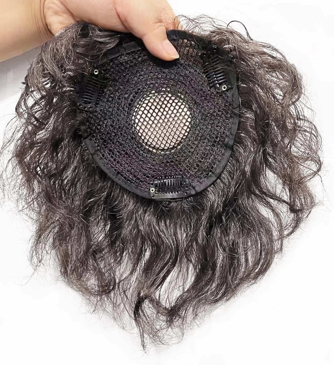 Short Wave Human Hair Toppers 7 Inch Clip in Top Hair Pieces for Women,4.7"x4.7" Silktop Base Remy Human Hair Wiglet Hairpiece for Thinning Hair 1B# Black Brown