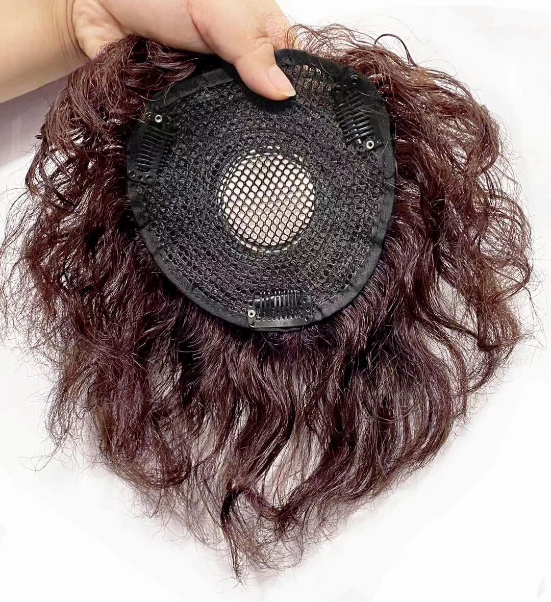 Short Wave Human Hair Toppers 7 Inch Clip in Top Hair Pieces for Women,4.7"x4.7" Silktop Base Remy Human Hair Wiglet Hairpiece for Thinning Hair 2/99# Dark burgundy