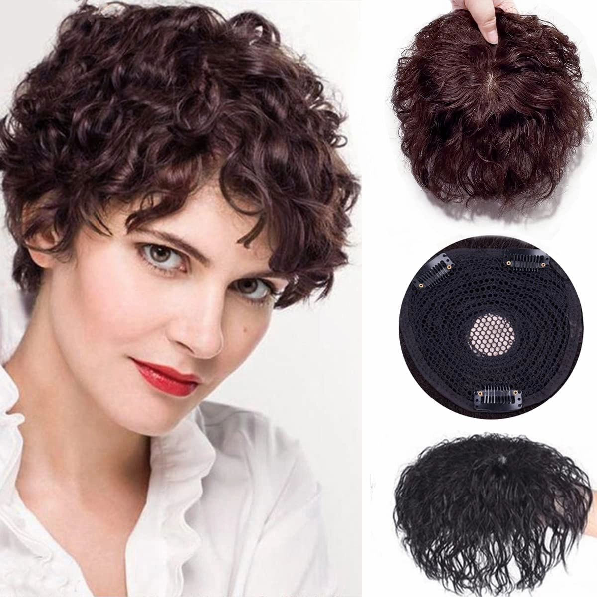 Short Wave Human Hair Toppers 7 Inch Clip in Top Hair Pieces for Women,4.7"x4.7" Silktop Base Remy Human Hair Wiglet Hairpiece for Thinning Hair 2/99# Dark burgundy