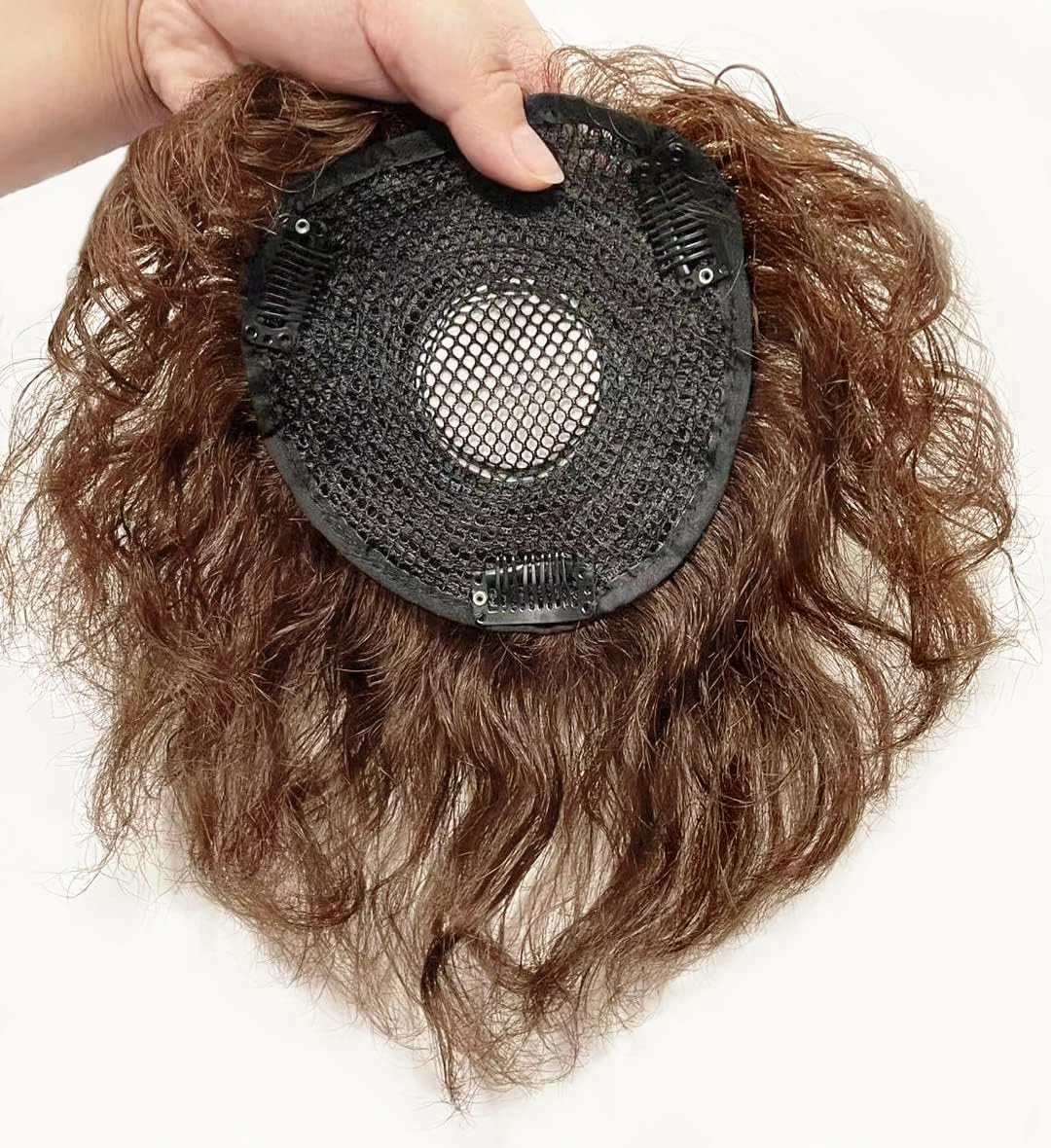 Short Wave Human Hair Toppers 7 Inch Clip in Top Hair Pieces for Women,4.7"x4.7" Silktop Base Remy Human Hair Wiglet Hairpiece for Thinning Hair 3# Light Brown