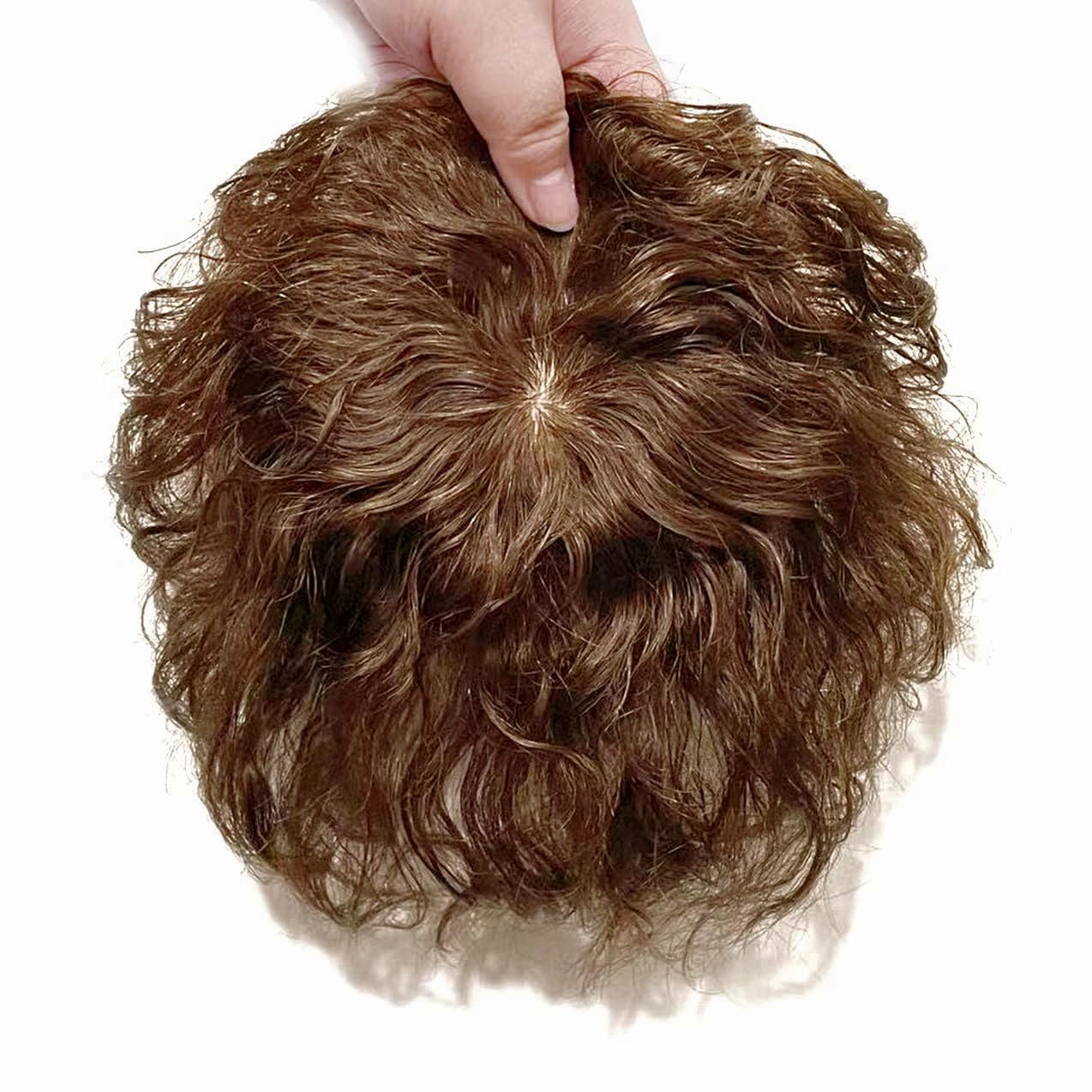 Short Wave Human Hair Toppers 7 Inch Clip in Top Hair Pieces for Women,4.7"x4.7" Silktop Base Remy Human Hair Wiglet Hairpiece for Thinning Hair 3# Light Brown