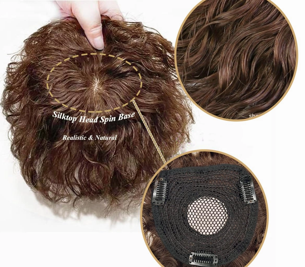 Short Wave Human Hair Toppers 7 Inch Clip in Top Hair Pieces for Women,4.7"x4.7" Silktop Base Remy Human Hair Wiglet Hairpiece for Thinning Hair 3# Light Brown