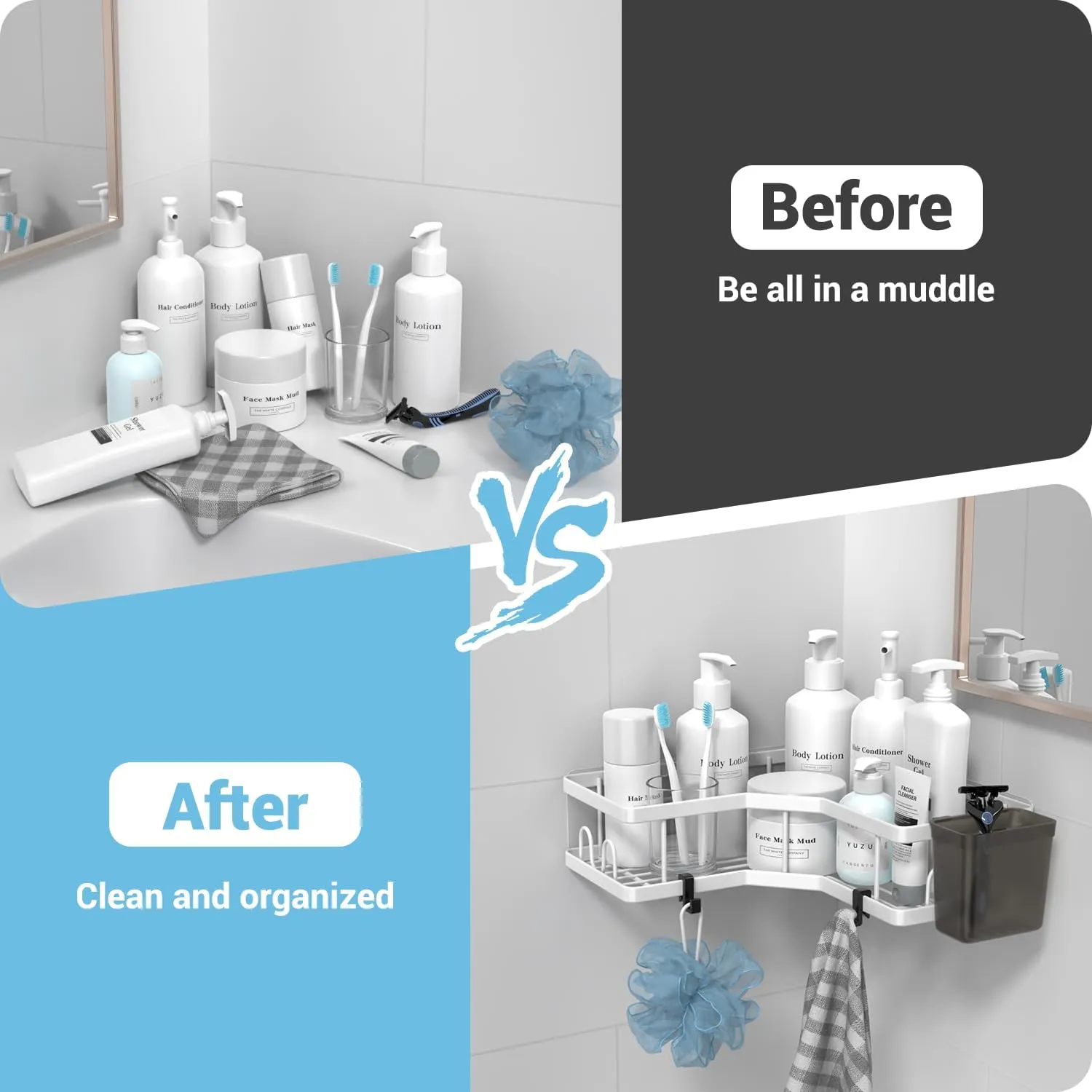 Shower Caddy Corner Organizer Shelf: 2Pack Adhesive Shelf Essentials - No Drilling Stainless Steel Storage Rack with Hooks and Toothpaste Holder Accessories for Bathroom