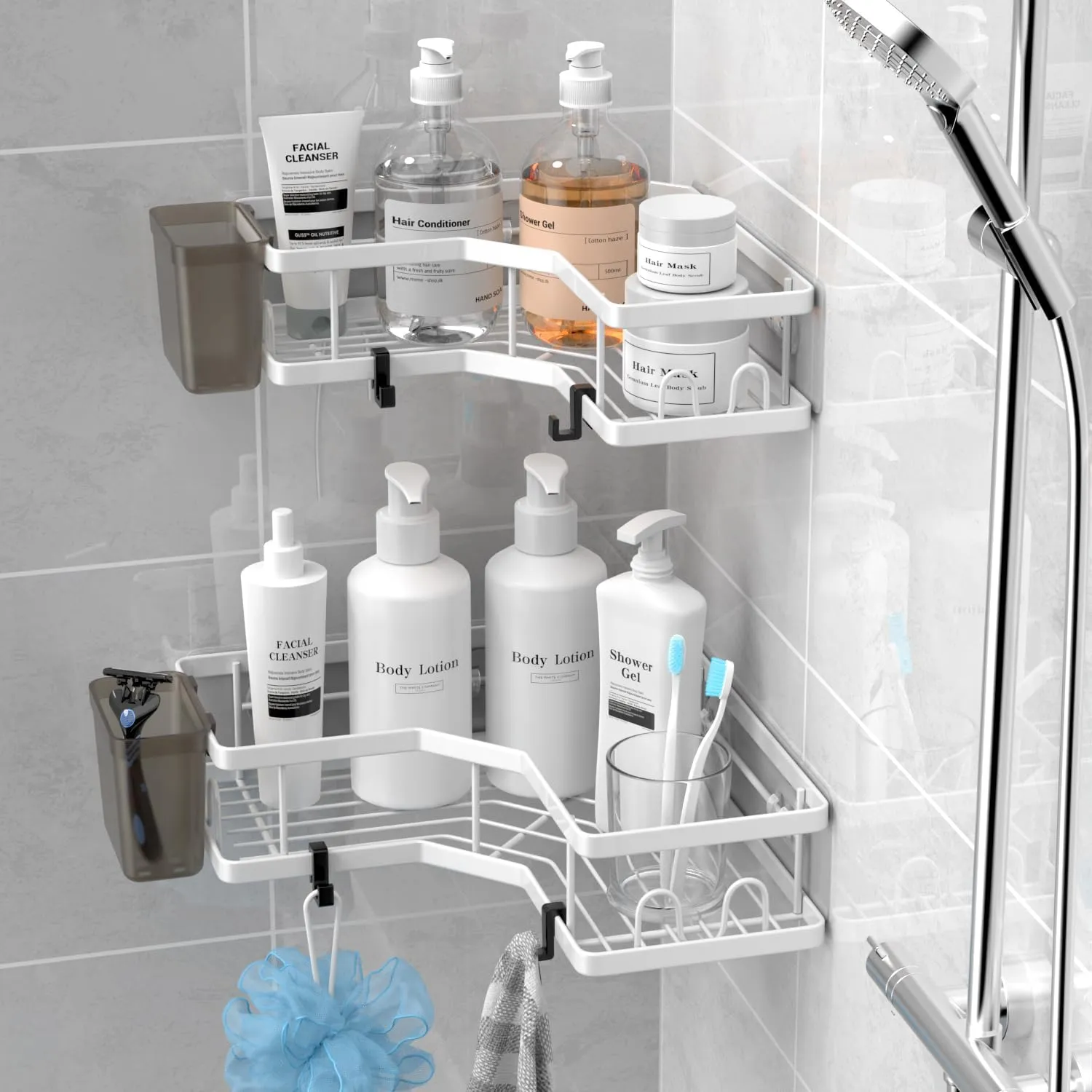 Shower Caddy Corner Organizer Shelf: 2Pack Adhesive Shelf Essentials - No Drilling Stainless Steel Storage Rack with Hooks and Toothpaste Holder Accessories for Bathroom