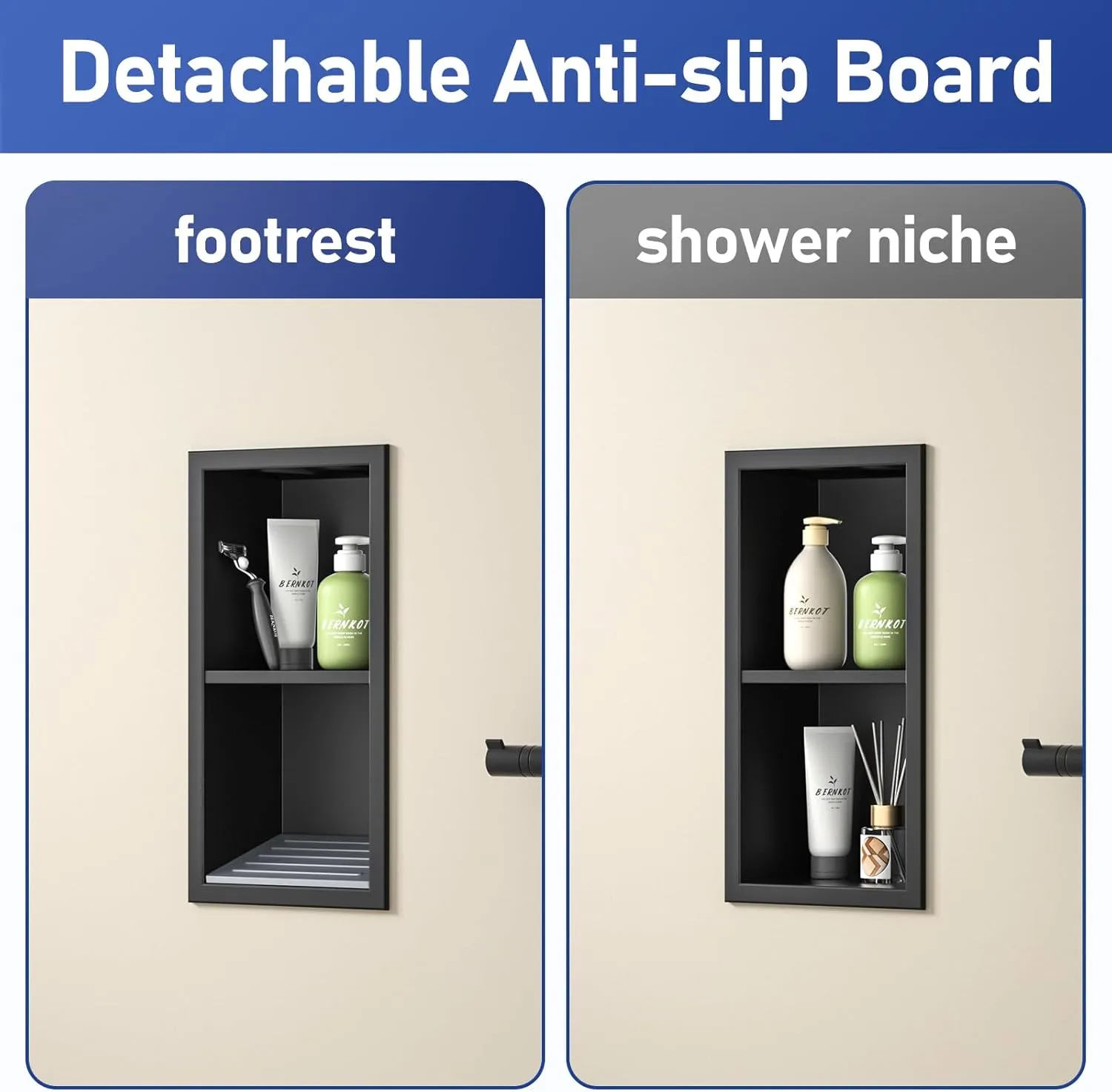 Shower Niche, 304 Stainless Steel Wall Niche Shower Stool for Bathroom, Recessed Shower Footrest w/Over Mount Installation, No Tile Needed (Matte Black, 12.3''x6'')