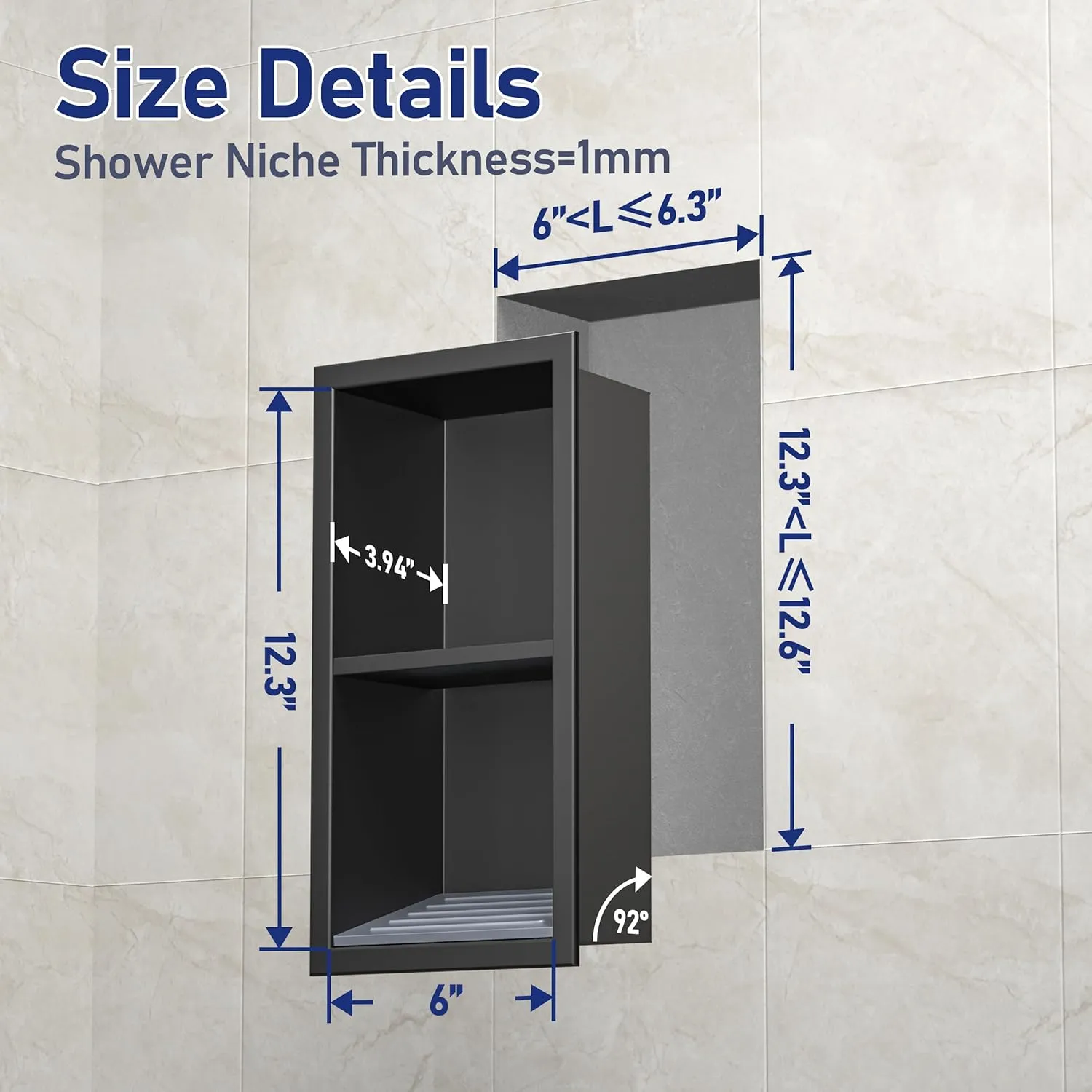 Shower Niche, 304 Stainless Steel Wall Niche Shower Stool for Bathroom, Recessed Shower Footrest w/Over Mount Installation, No Tile Needed (Matte Black, 12.3''x6'')