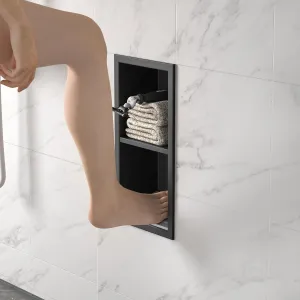 Shower Niche, 304 Stainless Steel Wall Niche Shower Stool for Bathroom, Recessed Shower Footrest w/Over Mount Installation, No Tile Needed (Matte Black, 12.3''x6'')