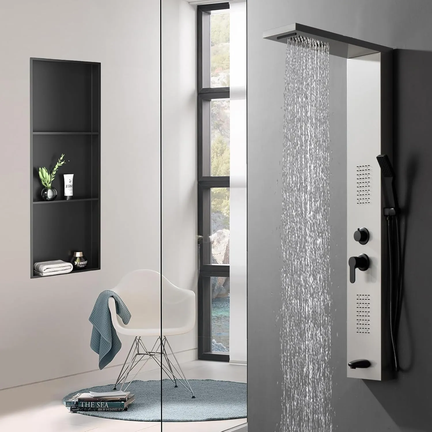 Shower Niche 8" X 36" Black, 3 Shelves Wall Niche Stainless Steel Recessed Shower Shelf for Bathroom Storage, No Tile Needed Over Mount Installation