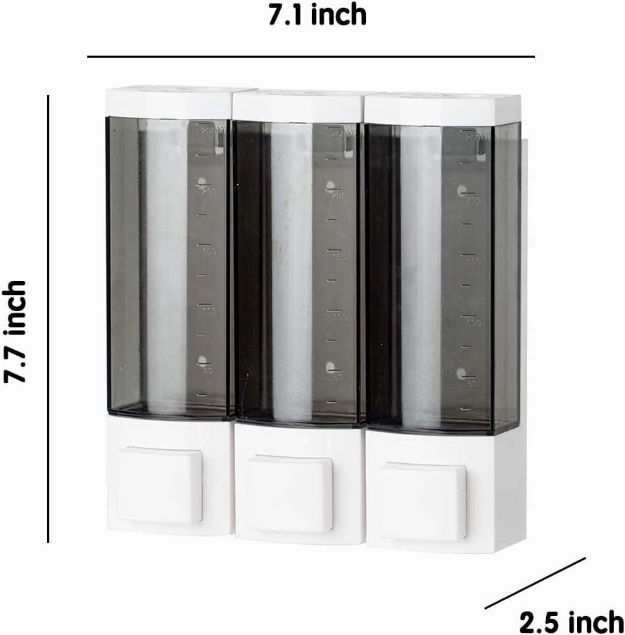 Shower Soap Dispenser 3-Chamber,Drill Free with Glue or Wall Mount with Screws Manual Hand 250ML Dispenser Shampoo Shower for Bathrooms