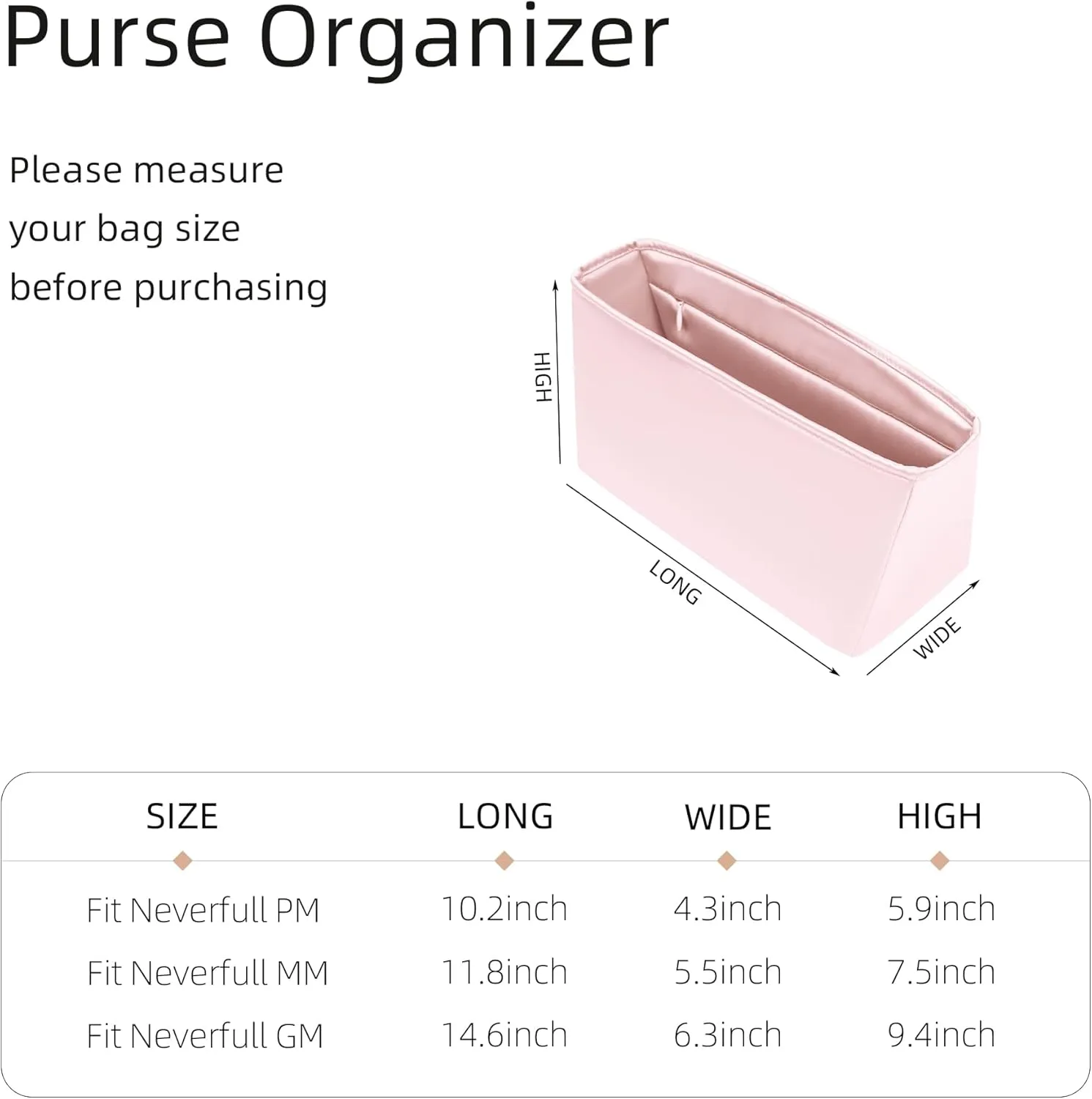Silk Purse Organizer for Neverfull-PM/MM/GM,Luxury Handbag Insert,Designer Bag Accessorie(MM with Zipper,Pink)