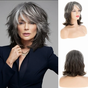 Silver Gray Layered Mid - Length Wig for Women Curly Fluffy Wig with Bangs Synthetic Heat Resistant Halloween Cosplay Party Hair, Grey Mixed Brown