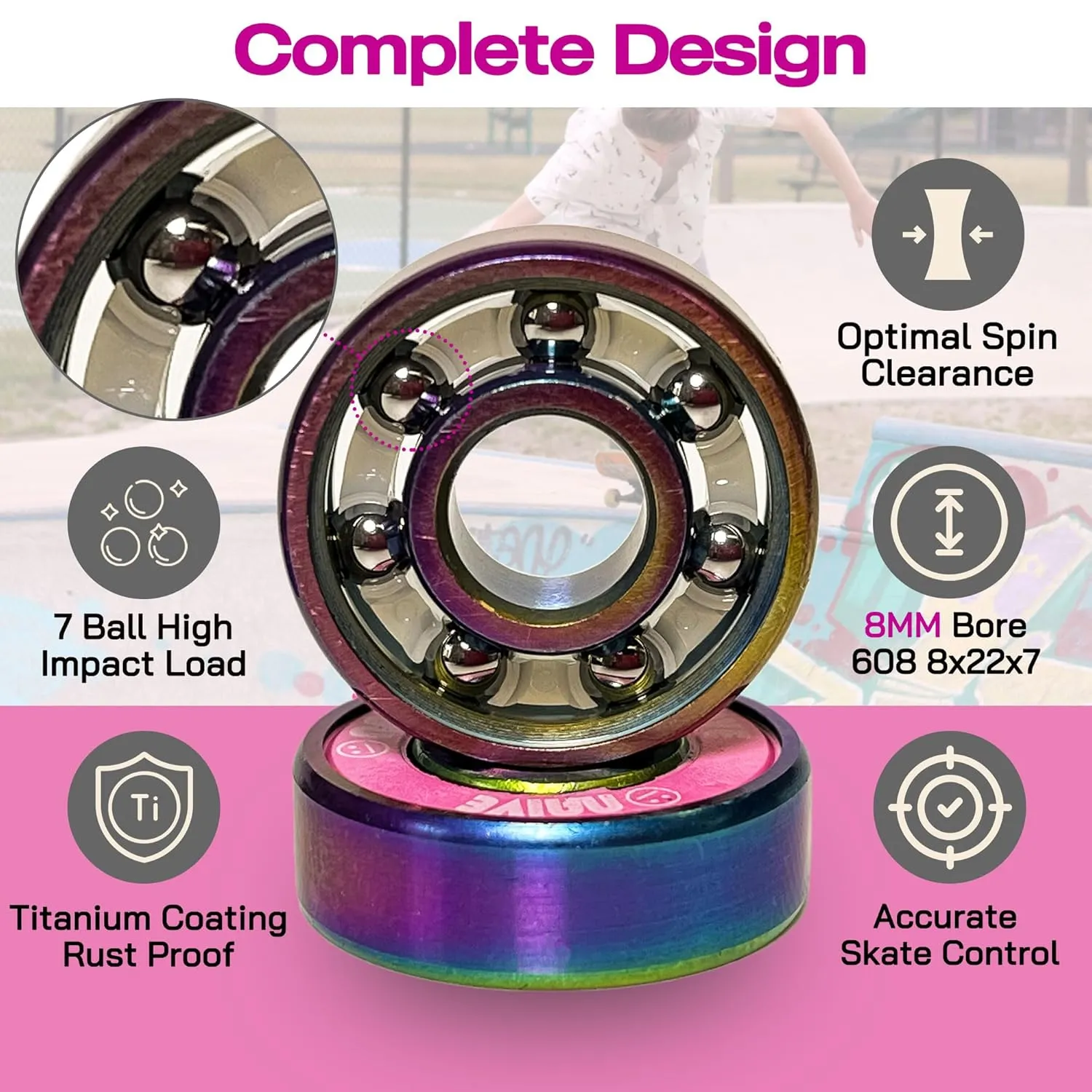 Skate Bearings 8mm 16 Pack, Precision 608 Bearings Quad Inline Speed Skates Roller Derby Skateboard Longboard Scooter(Callme Pink)