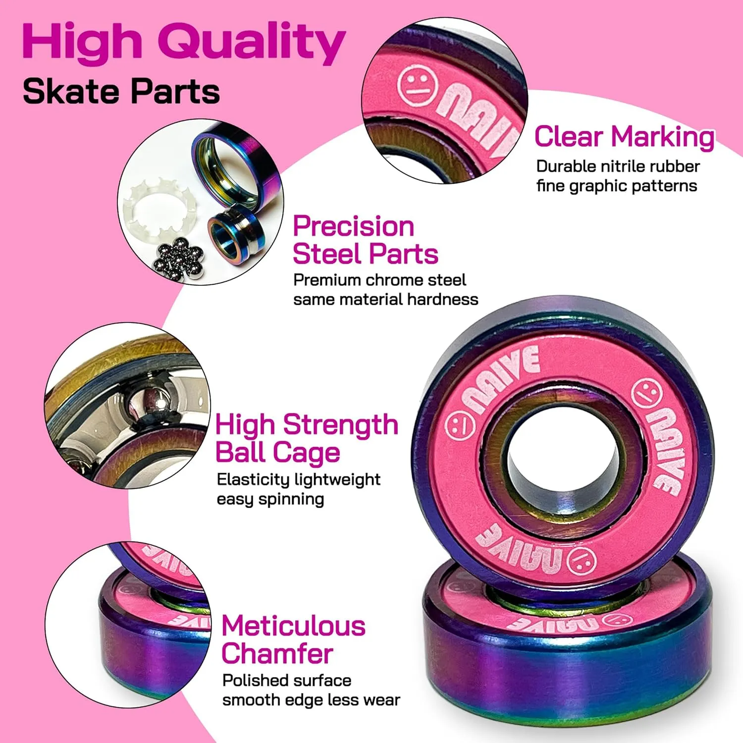 Skate Bearings 8mm 16 Pack, Precision 608 Bearings Quad Inline Speed Skates Roller Derby Skateboard Longboard Scooter(Callme Pink)