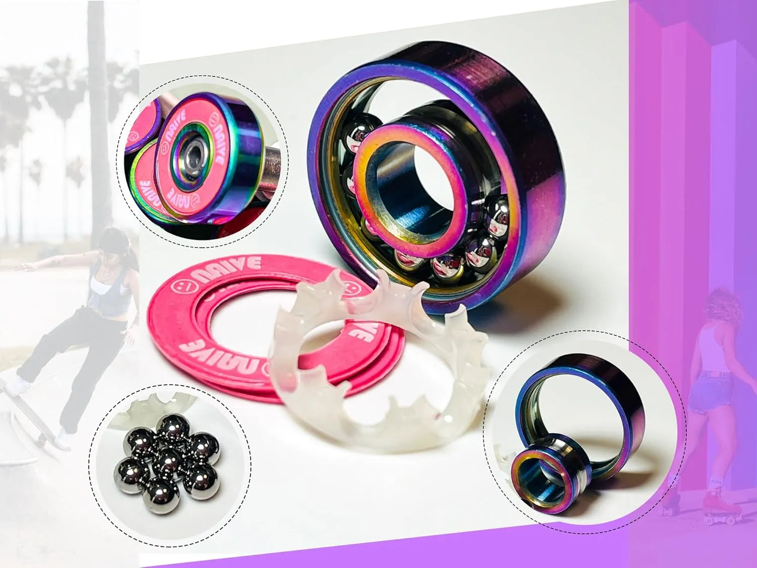 Skate Bearings 8mm 16 Pack, Precision 608 Bearings Quad Inline Speed Skates Roller Derby Skateboard Longboard Scooter(Callme Pink)