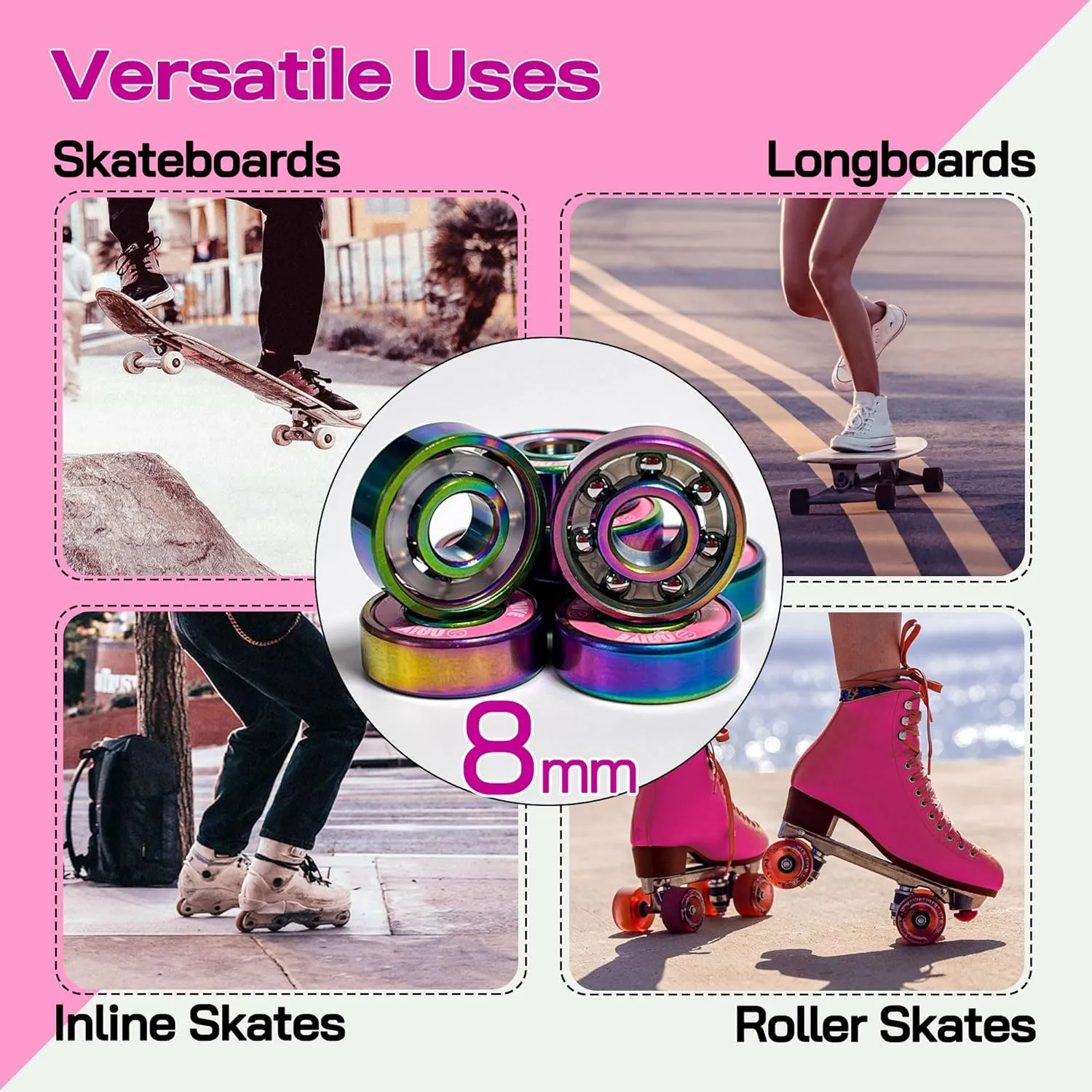 Skate Bearings 8mm 16 Pack, Precision 608 Bearings Quad Inline Speed Skates Roller Derby Skateboard Longboard Scooter(Callme Pink)