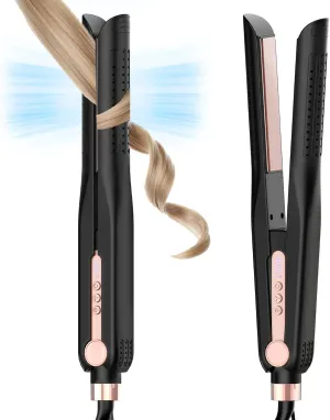 SKIMI Airflow Styler, Titanium Flat Iron Hair Straightener, Professional Curling Iron with Cooling Air Vents to Lock in Style, 5 Temps & Dual Voltage, Auto Off(Black & Blush Gold).